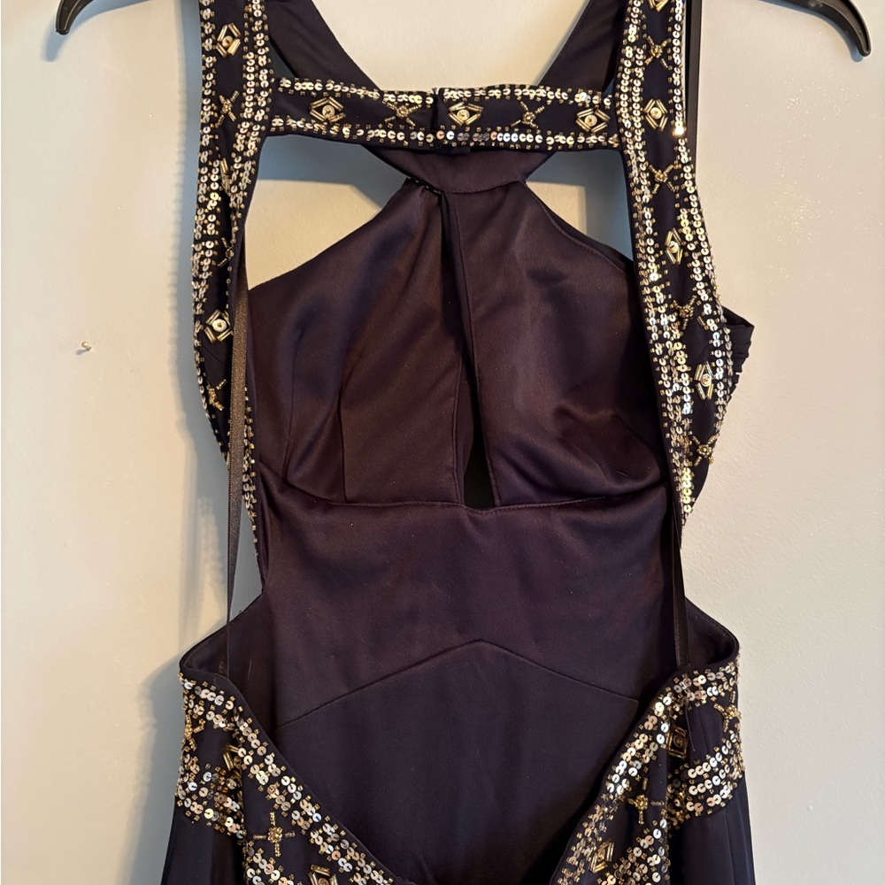 Betsy & Adam Navy Formal Maxi Dress with Gold Accents - Picture 6 of 9